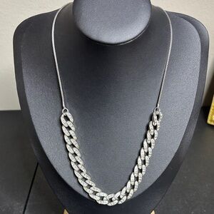 Adjustable Silver Long Cuban Link Rhinestone Statement Necklace